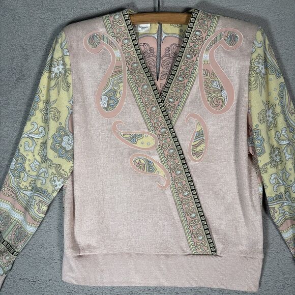 Philippe Marques Petite Women’s Size 8 Mixed Media Sweater Blush Pink Boho Retro - Picture 2 of 16